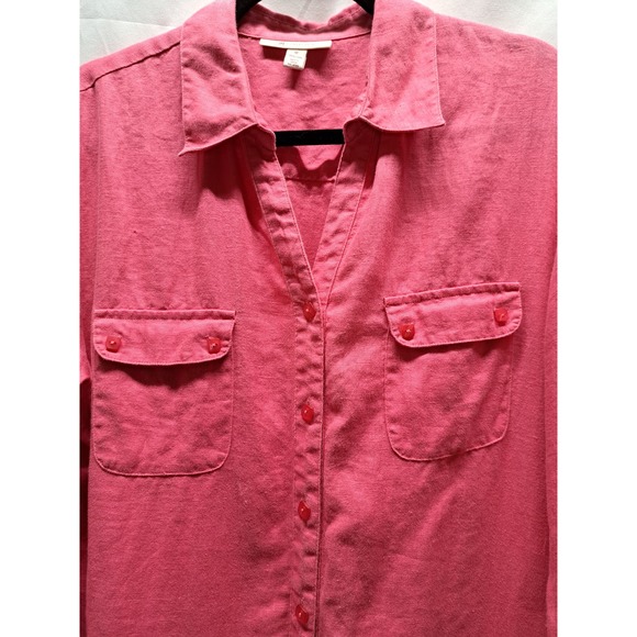 JM Collection Pink Linen Button Up Flap Pocket V-Neck Blouse 120 - Picture 3 of 6